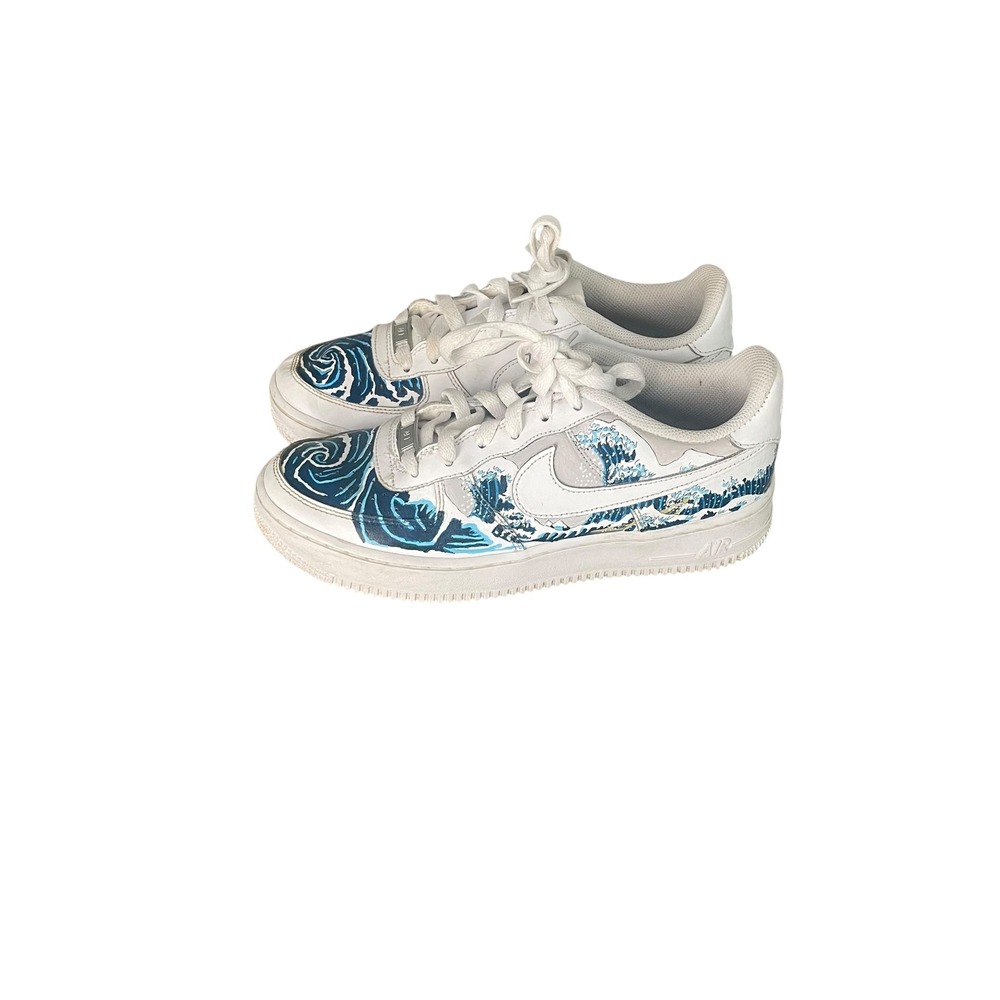 Nike Air Force 1 314192-117 6.5Y‎ Custom Wave Painted White Blue